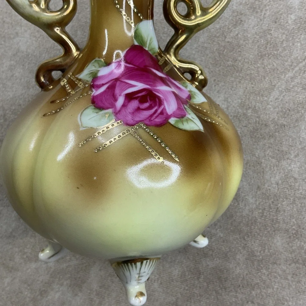 Antique Nippon Hand‎ Painted Bone China Beaded Gold Trim Two Handle Vase